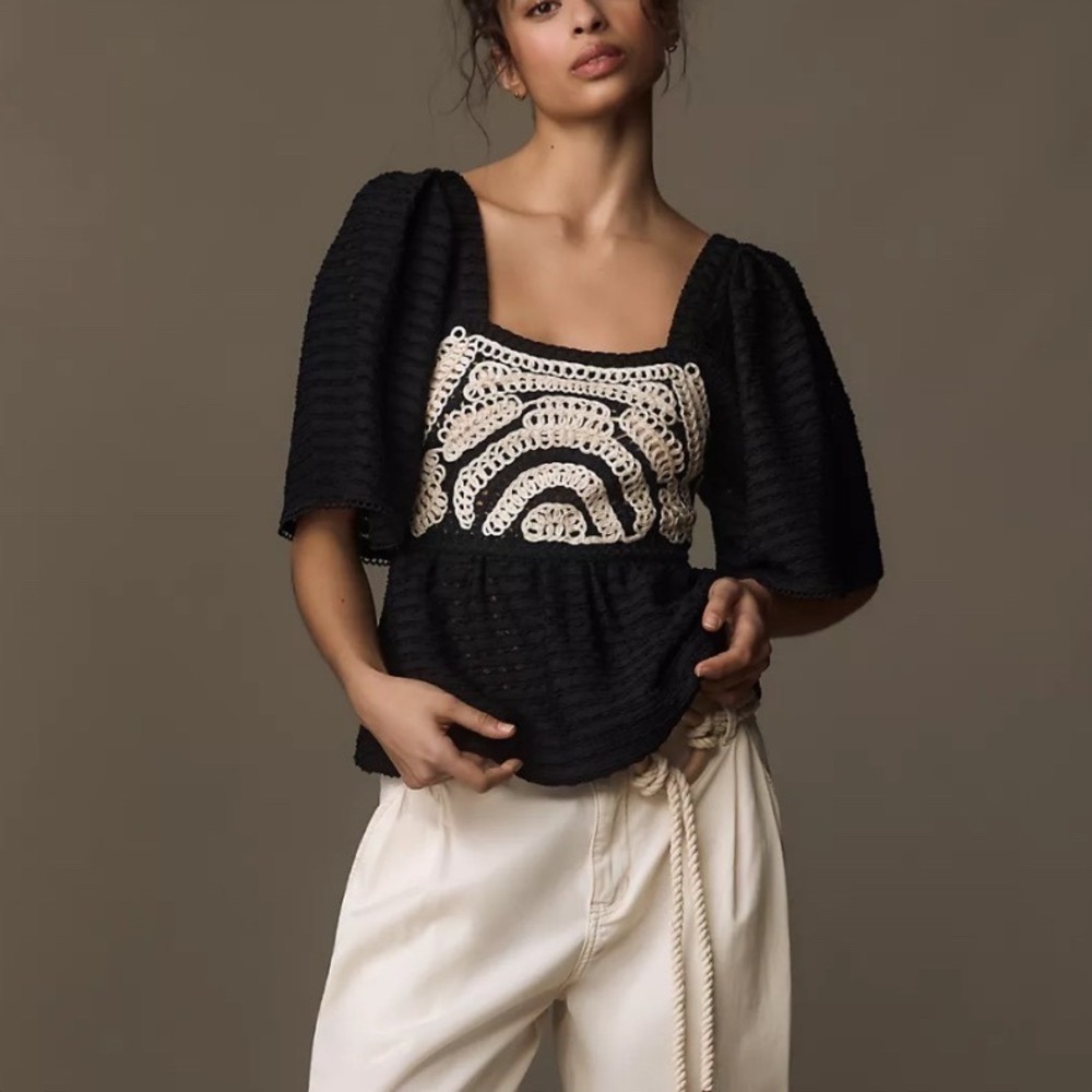 Sarah Hann Flutter-Sleeve Crochet Top Black Cream Square Neck Peplum Blouse